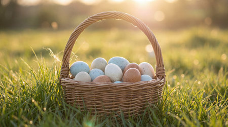 Basket of pastel eggs in a woven basket resting on sunlit grass with warm backlight and soft bokeh, available space in the upper area for text or design, evoking springtime and gentle natural tonesの素材