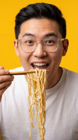 Man eats long wheat noodles with chopsticks and a joyful expression against a solid yellow background. Wide areas of uniform color and uncluttered space allow placement of copy or marketing textの素材