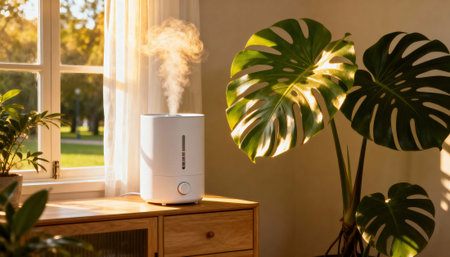 White humidifier releases visible mist on a wooden sideboard beside a sunlit window with large houseplants and warm natural light. The minimalist scene includes empty wall space suitable for text and calm indoor atmosphereの素材