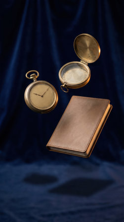 Pocket watches and leather notebook float over a dark blue fabric surface with soft directional light and warm metallic tones, evoking vintage style and personal keepsakes with empty space available for text or designの素材