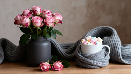 Pink roses in a black vase sit beside a mug wrapped in a gray knitted scarf on a wooden tabletop, set against a neutral textured background with empty space available for text or design applicationsの素材