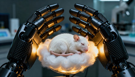 White laboratory rat sleeps curled on a plush cushion held between advanced robotic hands with soft warm lighting in a clean laboratory environment suggesting research, robotics assistance, and animal care protocolsの素材