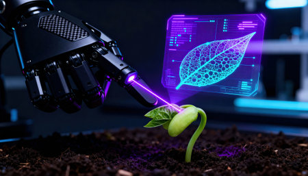 Robot arm scans a young sprout in nutrient soil while a purple laser projects a holographic leaf schematic, conveying precision agriculture, laboratory research and automated plant monitoring and environmental sensingの素材
