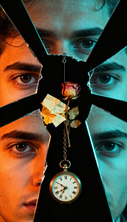 Young man reflected through a shattered mirror with a dried rose and antique pocket watch suspended at the center, striking split-colored lighting and fragmented facial reflections convey time, memory and introspective moodの素材