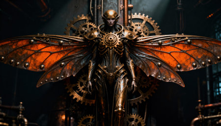 Woman wears golden armored exoskeleton with large steampunk wings in an industrial interior of gears and pipes. Moody light emphasizes metallic textures and intricate mechanics for cinematic and editorial applicationsの素材