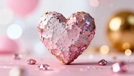Pink heart ornament covered in glitter and crystal-like gems rests on a soft pastel surface with warm bokeh highlights. The composition includes empty copy space on the right and foreground sparkles for romantic or festive layoutsの素材