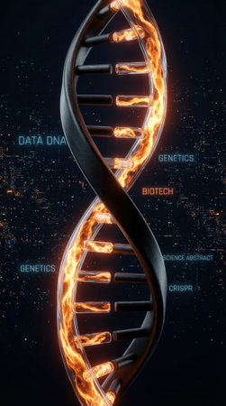 DNA helix glows with molten light and a dark metallic backbone to evoke advanced genetics and biotech concepts. Small data points and labels suggest digital sequencing, research, CRISPR and molecular analysisの素材