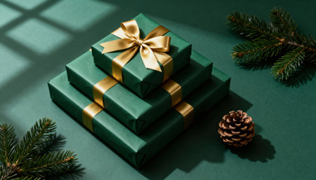Green gift boxes wrapped with gold ribbons sit on a dark green surface surrounded by pine branches and a pine cone. Soft window shadows add warm mood and there is ample empty space on the right for text or designの素材