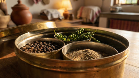 Brass spice box with peppercorns and ground spice sits on a rustic wooden table under warm lamp light in a kitchen setting, with aged metal patina, green peppercorns and a blurred background with open space for textの素材