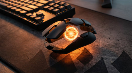 Gaming mouse with illuminated core sits beside a mechanical keyboard on a textured desk. Warm accent lighting highlights futuristic design and ergonomic contours, suggesting high-performance gaming and tech workspace energyの素材
