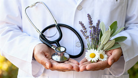 Doctor holds stethoscope and medicinal herbs in cupped hands with white coat and natural plant elements against a soft blurred outdoor background that leaves open space for text and wellness messagingの素材