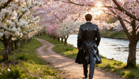 Man walks along a riverside path lined with blooming cherry trees at golden hour, wearing a dark coat and moving toward the sun. Soft light and open space along the river and sky provide room for text or designの素材