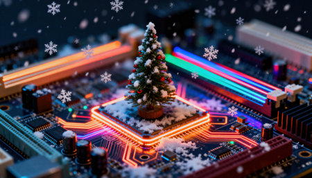 A small Christmas tree placed on a glowing computer motherboard surrounded by falling snowflakes. The vibrant lights and snow create a festive, tech-inspired holiday scene.の素材