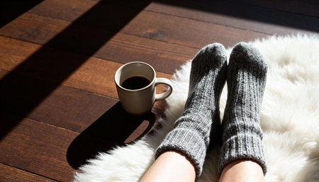 Relaxing moment featuring a person in gray knitted socks resting on a soft white rug. A cup of coffee sits nearby on a wooden floor, bathed in warm sunlight.の素材