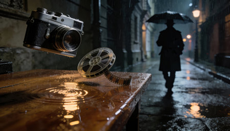 Vintage camera floats above a wet wooden bench beside an unwinding film reel while a silhouetted figure with an umbrella walks down a rainy cobblestone alley under warm streetlights, evoking a cinematic moody atmosphereの素材