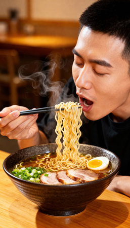 Man eats ramen noodles from a steaming ceramic bowl in a casual restaurant setting, lifting noodles with chopsticks and preparing to slurp broth with slices of chashu pork, soft boiled egg, scallions and rich broth visibleの素材