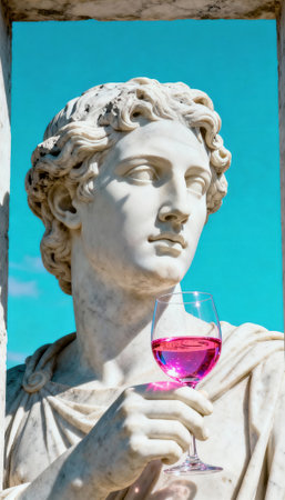 Marble statue holds a glass of rose wine against a clear turquoise sky and sunlit stone frame, with an uncluttered area on the right available for text and graphic placement in editorial and commercial layoutsの素材