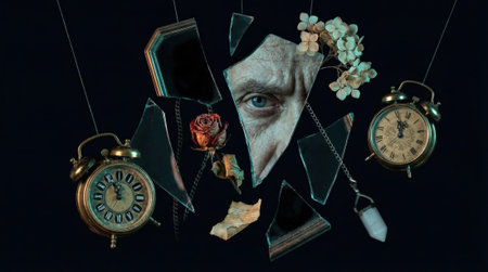 Shattered mirror fragments reveal an elderly man's intense eye amid dangling antique alarm clocks, a dried rose and crystal pendants, set against a dark background with ample negative space available for text or designの素材
