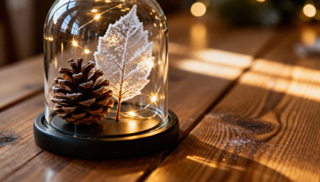 Winter centerpiece with pine cone and frosted leaf under a glass dome on a warm wooden table with fairy lights and soft bokeh background, with available space for text on the right sideの素材
