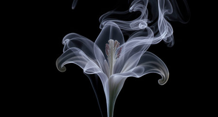 White lily wrapped in translucent smoke tendrils with visible stamen against a deep black background. Ample copyspace surrounds the bloom, offering available space for text and designの素材