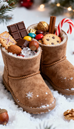 Brown suede boots creatively filled with festive Christmas treats like candy canes, chocolate bars, cookies, and nuts. Set on a snowy surface with holiday decor elements.の素材