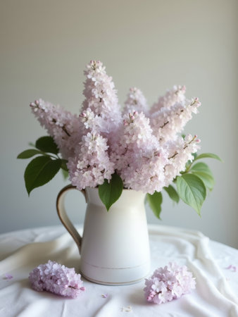Soft lilac flowers in full bloom displayed in a white ceramic pitcher, surrounded by green leaves. The arrangement sits on a fabric-covered table, creating a serene and elegant composition.の素材