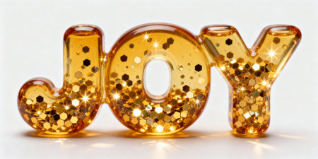 Golden "JOY" text filled with shimmering hexagonal glitter and sparkles, creating a festive and celebratory mood. Perfect for holiday themes or joyful occasions.の素材