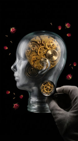 Glass head holds exposed golden clockwork gears symbolizing cognition and mechanics, while a gloved hand inspects details with a magnifying glass, rose petals float on a dark background with available space for textの素材