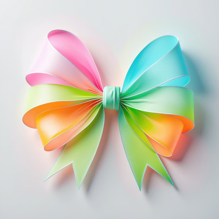 Vibrant pastel ribbon bow featuring gradient colors of pink, blue, green, orange, and yellow. Presented on a light background, creating a soft and elegant look.の素材