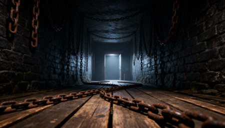A dimly lit dungeon corridor with stone walls, rusty chains hanging from the ceiling, and a wooden floor. The open door at the end reveals a glowing light, creating a mysterious atmosphere.の素材