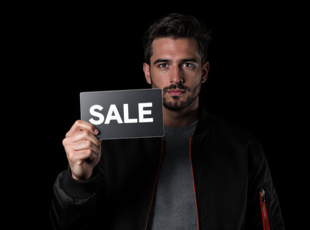 Young man holding a black card displaying the word "SALE" in bold white letters. The image features a dark background, emphasizing the card and creating a dramatic effect.の素材