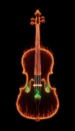 Violin outlined in glowing flames on a black background with neon orange and green accents and distinct strings and contour, high contrast composition with empty dark space available for text or design layoutsの素材