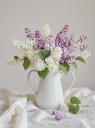 Beautiful arrangement of lilac and white flowers displayed in a white ceramic pitcher, complemented by green leaves. Set on a soft white fabric, creating a serene and elegant composition.の素材