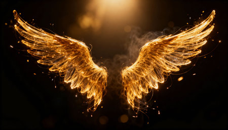 Glowing golden angel wings composed of shimmering light particles, radiating warmth and energy against a dark background. The ethereal glow creates a celestial and magical atmosphere.の素材
