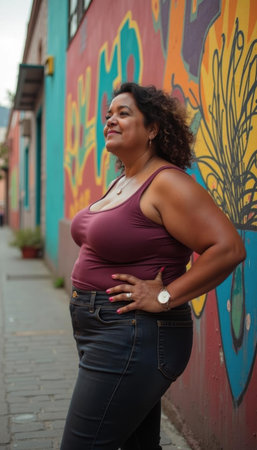 Confident woman posing outdoors against a vibrant graffiti wall in an urban setting. She wears a maroon tank top and jeans, exuding positivity and self-assurance.の素材
