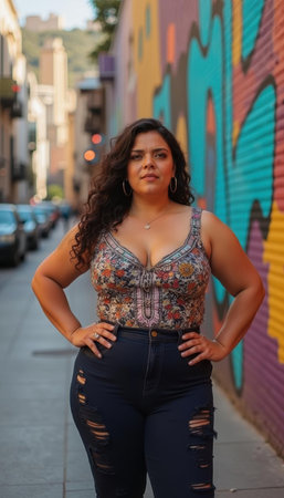Confident woman posing on a vibrant urban street with a colorful graffiti wall. She wears ripped jeans and a patterned top, exuding empowerment and individuality.の素材