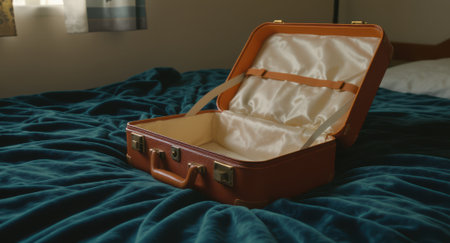 Open suitcase on bed with a deep velvet blanket and warm window light evoking a calm vintage mood. The empty satin interior and surrounding bed area provide space for text or design in editorial and commercial layoutsの素材