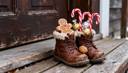 Brown winter boots placed on a rustic wooden porch, filled with festive treats including candy canes, a gingerbread cookie, walnuts, and chocolates, symbolizing Christmas traditions.の素材