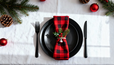Elegant Christmas table arrangement featuring black plates, a red plaid napkin adorned with holly and berries, surrounded by pinecones, red ornaments, and evergreen branches.の素材