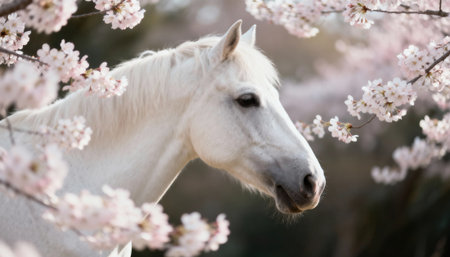 White horse stands among cherry blossom branches with a calm expression and soft bokeh background, providing ample background space for text and editorial compositions in springtime equine or nature themesの素材