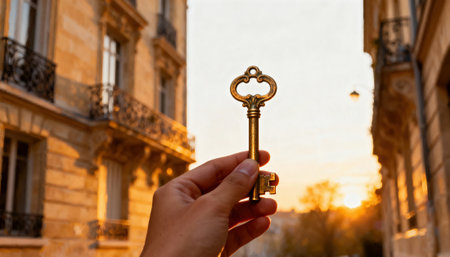 Hand holds a vintage brass key in the foreground with sunlit historic facades and warm golden sky creating a romantic urban scene. There is ample empty sky and blurred background offering available space for text or designの素材