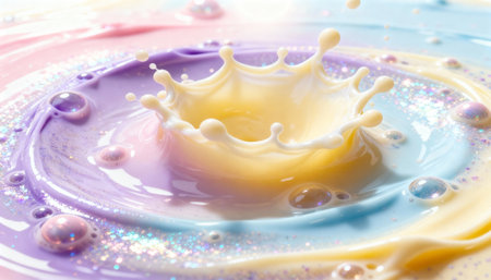 Creamy liquid splash forming a crown-like shape in a colorful pastel background with glitter accents. Vibrant and artistic design showcasing dynamic motion and texture.の素材