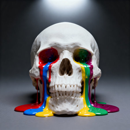 White human skull with vibrant red, blue, yellow, green, and purple paint dripping from its eye sockets. Set against a dark background with dramatic lighting, creating a surreal and artistic concept.の素材