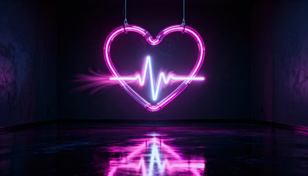 Neon heart hangs in a dark reflective room with a glowing heartbeat line creating vibrant pink and blue light and mirrored floor. Ample empty space on walls and floor provides clean copyspace for text or graphicsの素材