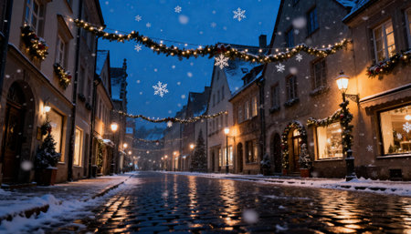 Snowy cobblestone street in a historic town at dusk with warm shop windows, garlands and string lights casting reflections on wet pavement as snowflakes fall gently, creating a quiet festive evening atmosphereの素材