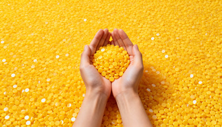 Close-up of hands gently cupping bright yellow wax pellets, surrounded by a textured background of scattered wax beads. Vibrant and colorful composition.の素材