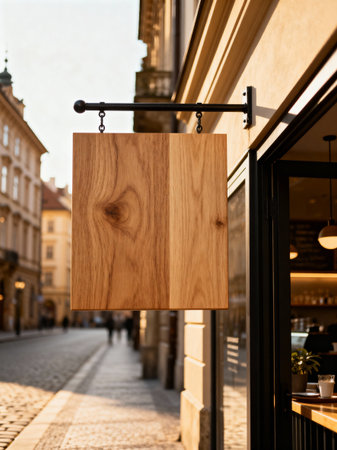 Wooden hanging signboard mounted on a black metal bracket outside a cafe entrance. The scene features a cobblestone street, historic European architecture, and soft daylight.の素材