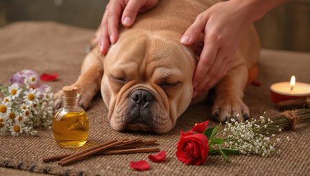 Calm French Bulldog enjoying a soothing aromatherapy massage with hands gently placed on its head. Surrounded by flowers, essential oil, cinnamon sticks, and a lit candle for a serene spa-like ambiance.の素材