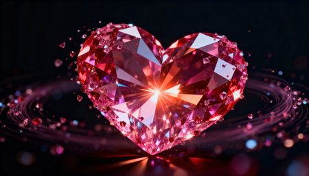 Heart-shaped gemstone with radiant pink facets rests on a dark reflective surface surrounded by floating sparkles and circular light trails, with negative space available for text or design useの素材