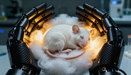 White mouse sleeps in a fluffy nest while carbon fiber robotic hands gently cradle it under soft warm lighting in a laboratory environment, suggesting advanced biotechnical care and humane research contextの素材